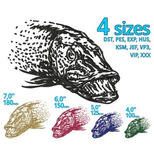 Könnte beinhalten: Schwarzweißes Linienkunst-Stickmuster eines Fisches mit offenem Maul. Das Design ist in vier Größen erhältlich: 7 Zoll (180 mm), 6 Zoll (150 mm), 5 Zoll (125 mm) und 4 Zoll (100 mm).