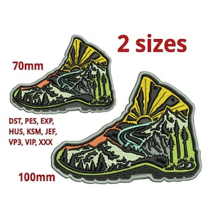 以下が含まれることがあります： 山と日の出の風景が描かれたハイキングブーツの刺繍パッチが2つ。パッチは70mmと100mmの2サイズがあります。