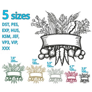 May include: A black and white line drawing of a basket of vegetables with a blank banner. The image shows five different sizes of the design, ranging from 7.8 inches to 3.9 inches.