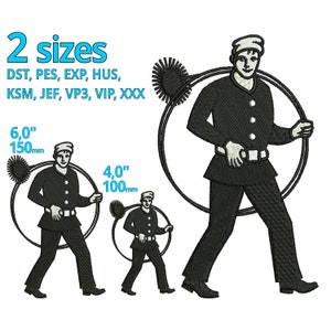 May include: An embroidered design featuring a chimney sweep holding a brush, with the text "2 sizes". The design is available in two sizes: 6.0 inches (150mm) and 4.0 inches (100mm). The design is in black and white.