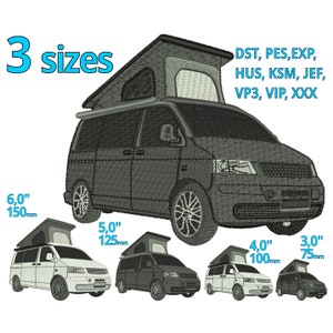 VW Camping Bus embroidery design 4 Sizes - T5 real Camper machine embroidery file - World traveling Happy Camper cartoon camping comic Logo