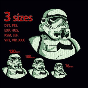 May include: Three different sizes of a green and white embroidered Star Wars Stormtrooper patch. The sizes are 120mm, 100mm, and 76mm. The text "3 sizes" is at the top of the image. The text "DST, PES, EXP, HUS, KSM, JEF, VP3, VIP, XXX" is below the text "3 sizes".