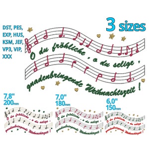 Peut inclure: Un motif de broderie représentant des notes de musique et le texte "O du fröhliche, a du selige,  gnadenbringende Weihnachtszeit!" en vert et rouge. Le motif est disponible en trois tailles : 7,8 pouces (200 mm), 7,0 pouces (180 mm) et 6,0 pouces (150 mm).