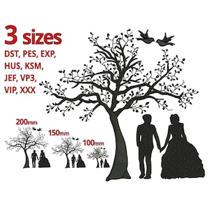 Può includere: Design di ricamo a silhouette in bianco e nero di una coppia in piedi sotto un albero con uccelli che volano sopra. Il design è disponibile in tre dimensioni: 200 mm, 150 mm e 100 mm. I formati di file includono DST, PES, EXP, HUS, KSM, JEF, VP3, VIP e XXX.