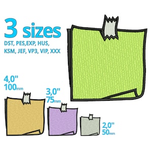 Könnte beinhalten: Drei verschiedene Größen eines grünen Haftzettels mit einem weißen Klebeband. Die Größen sind 4 Zoll, 3 Zoll und 2 Zoll. Der Text "3 Größen" ist in Blau über dem größten Haftzettel geschrieben. Der Text "DST, PES, EXP, HUS, KSM, JEF, VP3, VIP, XXX" ist in Schwarz unter dem Text "3 Größen" geschrieben.