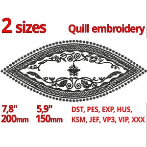 May include: Black and white embroidery design of a stylized eye with floral details. The design is available in two sizes: 7.8 inches (200 mm) and 5.9 inches (150 mm). The file formats included are DST, PES, EXP, HUS, KSM, JEF, VP3, VIP, and XXX.