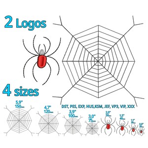 以下が含まれることがあります： 2つのクモの巣のデザイン、1つは中央にクモがいるもの。デザインは5つのサイズで利用できます: 5.9インチ、4.7インチ、3.9インチ、3.0インチ、2.0インチ、1.5インチ、1.1インチ、0.8インチ。デザインは次の形式で利用できます: DST、PES、EXP、HUS、KSM、JEF、VP3、VIP、XXX。