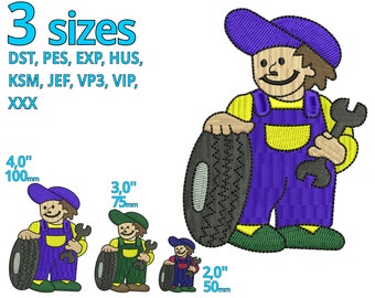 Mechanic embroidery design 3 sizes, Comic Car repair Man machine embroidery file handyman Wrench tool Job decoration
