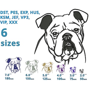 May include: A black and white line art illustration of a bulldog's head. The image shows six different sizes of the design, ranging from 2.0 inches to 7.0 inches. The text "6 sizes" is written below the image.