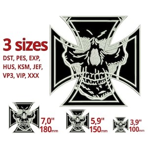 May include: Black and white iron cross with a skull in the centre. The cross is available in three sizes: 7 inches, 5.9 inches, and 3.9 inches. The image shows the three sizes of the iron cross.