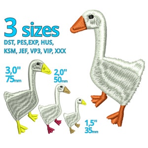 May include: Three embroidered goose designs in different sizes: 3 inches (7.5 cm), 2 inches (5 cm), and 1.5 inches (3.5 cm). The designs are in white with orange beaks and feet.