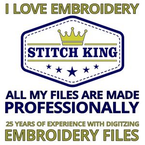 K&ouml;nnte beinhalten: Ein blaues und goldenes Logo mit dem Text "Stitch King" und einer Krone. Der Text "I Love Embroidery" befindet sich &uuml;ber dem Logo. Der Text "All My Files Are Made Professionally" befindet sich unter dem Logo. Der Text "25 Years of Experience with Digitizing Embroidery Files" befindet sich unter dem Text.