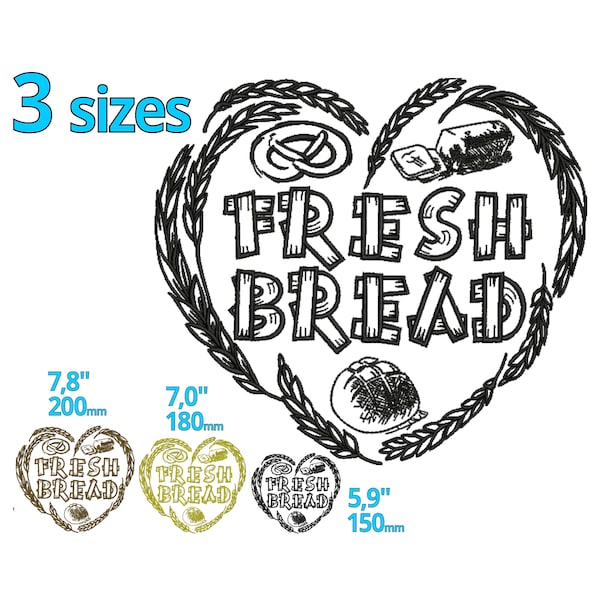 Frisches Brot Herz Stickdatei 3 Größen - Weizenherz Maschinenstickerei Datei Brot brezel Bäckerei DIY Homemade Logo