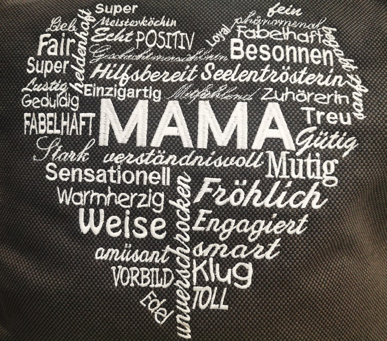 Pu&ograve; includere: Un design a forma di cuore con la parola "MAMA" al centro, circondato da aggettivi positivi in ricamo bianco su uno sfondo di tessuto grigio scuro.