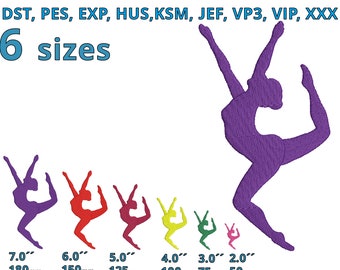 May include: Six different sizes of a purple silhouette of a gymnast in a split pose. The sizes are 7 inches, 6 inches, 5 inches, 4 inches, 3 inches, and 2 inches. The sizes are also listed in millimetres.
