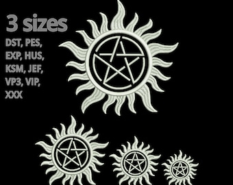 Supernatural embroidery design - Anti possession sigil machine embroidery file - 3 Sizes Anti demon pentagram sun star drawing tattoo