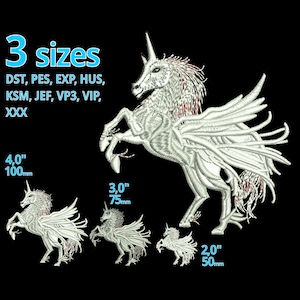 Puede incluir: Tres tamaños de diseño de bordado de unicornio alado blanco. El diseño está disponible en tamaños de 4 pulgadas, 3 pulgadas y 2 pulgadas. El diseño de bordado está disponible en los siguientes formatos: DST, PES, EXP, HUS, KSM, JEF, VP3, VIP, XXX.