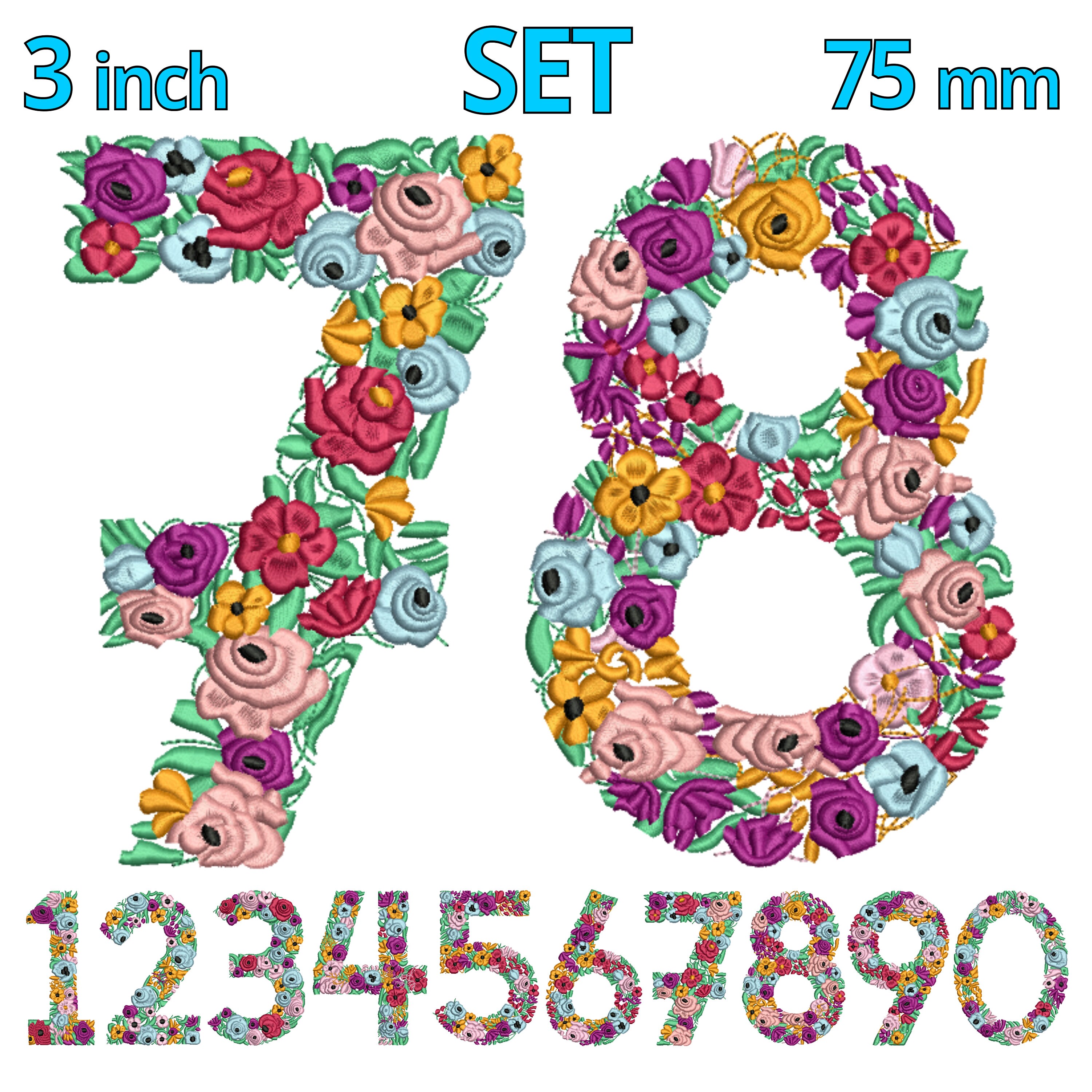 Embroided Numbers Numbers Embroidery Design | 3inch 75mm | FLORAL Number Machine ...