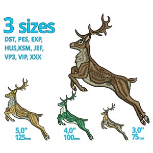 May include: Three embroidered designs of a leaping deer in different sizes: 5 inches, 4 inches, and 3 inches. The deer are brown, green, and gray. The designs are available in multiple formats: DST, PES, EXP, HUS, KSM, JEF, VP3, VIP, XXX.