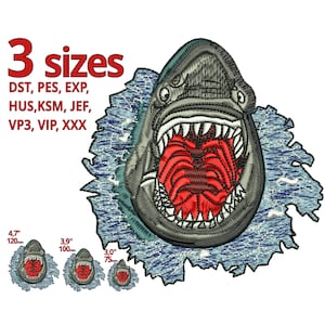 May include: A digital embroidery design of a shark with an open mouth, surrounded by blue water. The design is available in three sizes: 4.7 inches (120 mm), 3.9 inches (100 mm), and 3 inches (75 mm). The design is available in the following formats: DST, PES, EXP, HUS, KSM, JEF, VP3, VIP, and XXX.