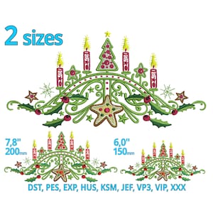 May include: Embroidered design of a Christmas tree with candles, holly, and a gingerbread star. The design is available in two sizes: 7.8 inches (200 mm) and 6 inches (150 mm). The design is available in the following formats: DST, PES, EXP, HUS, KSM, JEF, VP3, VIP, XXX.