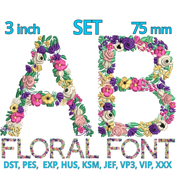 FLORALEs Alphabet Stickdatei | 75mm | Blume Stickdatei Schriftart | Monogramm Buchstaben Namen | Hübsche schöne Blockschrift