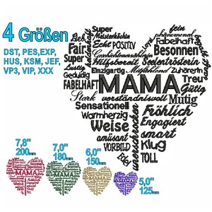 Pu&ograve; includere: Una nuvola di parole a forma di cuore in bianco e nero con la parola "MAMA" al centro. La nuvola di parole include parole come "super", "hilfsbereit", "warmherzig", "fr&ouml;hlich", "mutig", "treu", "gut", "toll", "klug", "smart", "engagiert", "weise", "am&uuml;sant", "vorbild", "edel", "verst&auml;ndnisvoll", "stark", "sensationell", "fabelhaft", "besonnen", "seelentr&ouml;sterin", "zuh&ouml;rer", "lieb", "fair", "echt", "positiv", "gehilfsbereit", "einzigartig", "geduldig", "lustig", "super", "ph&auml;nomenal", "fabelhaft", "besonnen", "seelentr&ouml;sterin", "zuh&ouml;rer", "treu", "g&uuml;tig". L'immagine include anche quattro cuori pi&ugrave; piccoli in diversi colori con la parola "MAMA" all'interno. I cuori sono etichettati con le loro dimensioni in pollici e millimetri: 7,8 pollici (200 mm), 7,0 pollici (180 mm), 6,0 pollici (150 mm) e 5,0 pollici (125 mm).