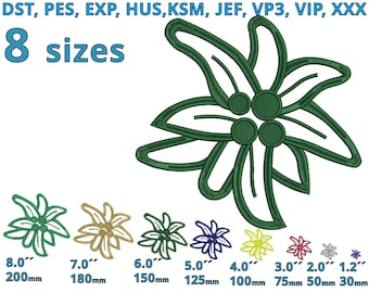 Può includere: Un contorno verde di un fiore di Edelweiss con tre piccoli cerchi al centro. L'immagine mostra otto diverse dimensioni del design, che vanno da 8 pollici a 1,2 pollici.
