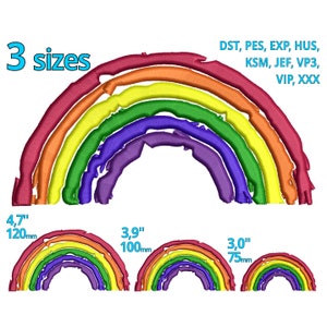May include: Rainbow embroidery design in three sizes: 4.7 inches (120 mm), 3.9 inches (100 mm), and 3 inches (75 mm). The design is available in DST, PES, EXP, HUS, KSM, JEF, VP3, VIP, and XXX formats.