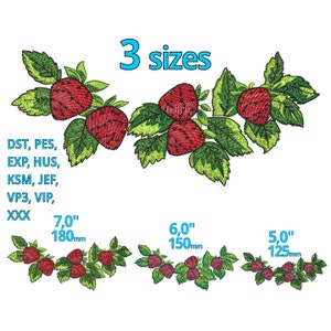 Op de afbeelding: Borduurontwerp van een aardbeienplant met rode aardbeien en groene bladeren. Het ontwerp is verkrijgbaar in drie maten: 7 inch (180 mm), 6 inch (150 mm) en 5 inch (125 mm).