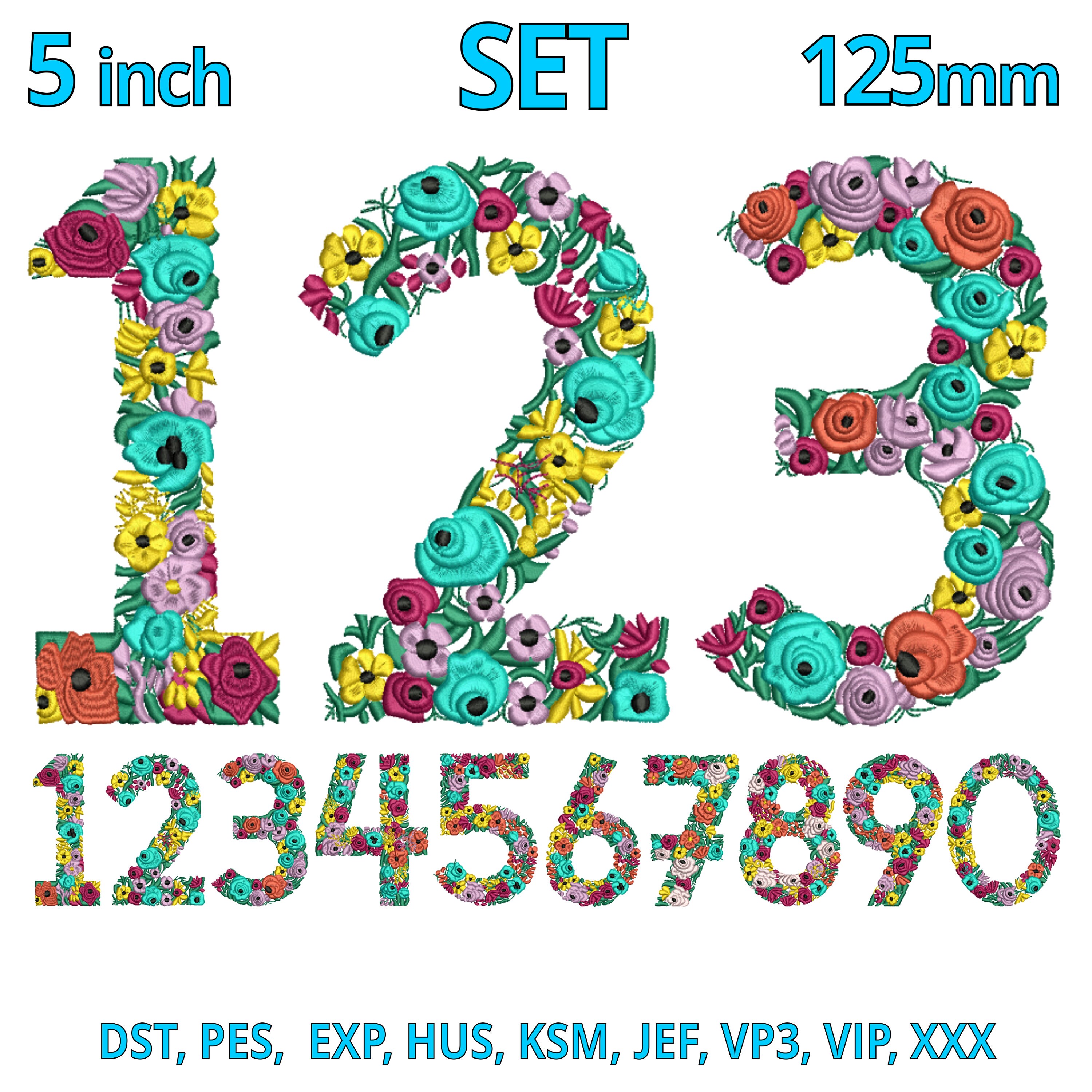 Floral Embroidery Design Numbers | SET - 5inch 125mm | Flowers Number ...