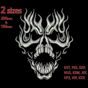 May include: A white skull with flames embroidered on a black background. The skull is 200mm and 150mm in size. The embroidery file is available in DST, PES, EXP, HUS, KSM, JEF, VP3, VIP, and XXX formats.