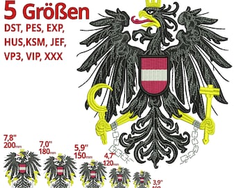 Könnte beinhalten: Fünf Größen von Stickmustern mit dem österreichischen Wappen. Das Design ist ein schwarzer Adler mit einem rot-weißen Schild, der eine Sichel und ein Kreuz hält. Die Designs sind in Größen von 3,9 Zoll bis 7,8 Zoll erhältlich.