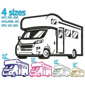 Op de afbeelding: Een zwart-witte lijntekening van een camper in vier verschillende maten: 6 inch, 5 inch, 4 inch en 3 inch. De camper is een populair voertuig voor reizen en kamperen.