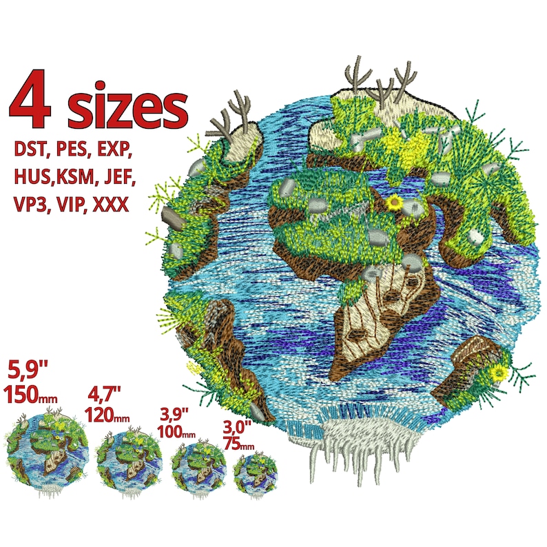 May include: Four sizes of an embroidered Earth design, with the largest measuring 5.9 inches (150 mm) and the smallest measuring 3 inches (75 mm). The design features a blue and green globe with brown continents and white snowcaps. The design is available in 10 different embroidery file formats.
