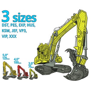 Könnte beinhalten: Ein gelber Bagger mit einem schwarzen Schaufel, in drei Größen dargestellt: 12,7 cm, 10,2 cm und 7,6 cm. Der Text "3 Größen" ist in Blau geschrieben, und der Text "DST, PES, EXP, HUS, KSM, JEF, VP3, VIP, XXX" ist in Schwarz geschrieben.