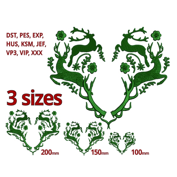 Embroidery design Floral Deer Antler Heart machine embroidery file 3 sizes jumping Deer Head Flowers in heart shape traditional decoration