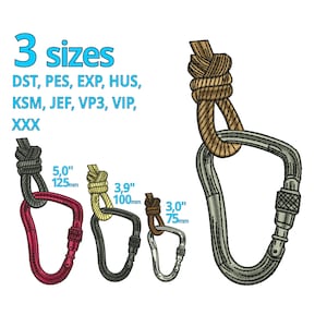 Könnte beinhalten: Drei verschiedene Größen von Metallkarabinern mit einem Seil, das oben befestigt ist. Die Karabiner haben einen Durchmesser von 12,7 cm, 10 cm und 7,6 cm. Das Seil ist braun und hat oben einen Knoten.