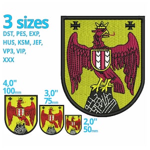 May include: Three sizes of embroidered patches featuring a red eagle with a crown on a yellow shield with black trim. The eagle is perched on a black rock with a white and red striped shield on its chest. The patches are available in 4 inches, 3 inches, and 2 inches.