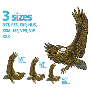 Puede incluir: Tres tamaños de un diseño de águila bordado en colores marrón y dorado. El águila está volando con las alas extendidas. Los tamaños son 6 pulgadas (150 mm), 5 pulgadas (125 mm) y 4 pulgadas (100 mm).