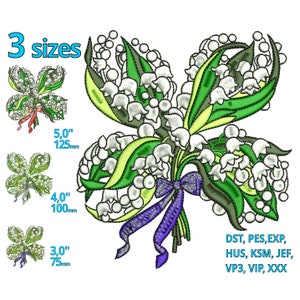 May include: An embroidered design of a lily of the valley bouquet with green leaves, white flowers, and a purple bow. The design is available in three sizes: 3.0" (75mm), 4.0" (100mm), and 5.0" (125mm). The text "3 sizes" is at the top.