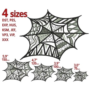 以下が含まれることがあります： 黒と白のクモの巣の刺繍デザインを4つのサイズでご用意しました。デザインは、5.9インチ（150mm）、4.7インチ（120mm）、3.9インチ（100mm）、3.0インチ（75mm）でご利用いただけます。