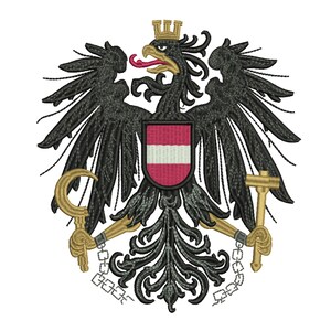K&ouml;nnte beinhalten: Ein schwarzer Adler mit einer goldenen Krone auf dem Kopf, der ein Schild mit der &ouml;sterreichischen Flagge h&auml;lt. Der Adler ist von einem Kranz aus Bl&auml;ttern und einer Kette mit zwei goldenen Werkzeugen umgeben.