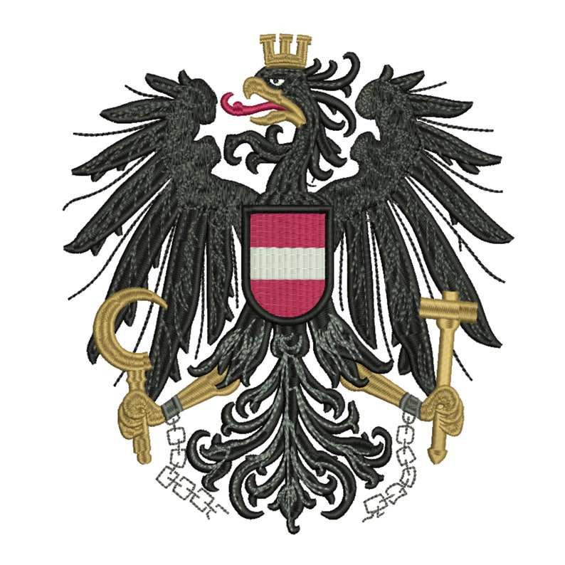 K&ouml;nnte beinhalten: Ein schwarzer Adler mit einer goldenen Krone auf dem Kopf, der ein Schild mit der &ouml;sterreichischen Flagge h&auml;lt. Der Adler ist von einem Kranz aus Bl&auml;ttern und einer Kette mit zwei goldenen Werkzeugen umgeben.