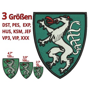 Pode incluir: Três tamanhos de patches bordados com um leão heráldico branco sobre um escudo verde. Os patches têm um diâmetro de 120 mm, 100 mm e 70 mm. O texto "3 Größen" está escrito em vermelho na parte superior da imagem.