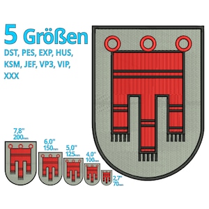 Puede incluir: Cinco tamaños diferentes de un parche bordado gris y rojo con un diseño de una bufanda roja estilizada con tres círculos en la parte superior. Los tamaños son 7,8 pulgadas, 6,0 pulgadas, 5,0 pulgadas, 4,0 pulgadas y 2,7 pulgadas.