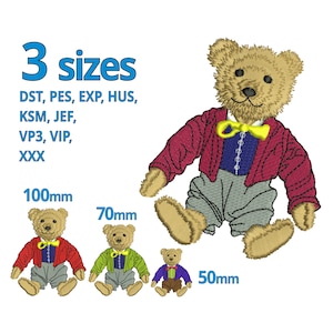 May include: Three embroidered teddy bear designs in different sizes: 100mm, 70mm, and 50mm. Each bear is wearing a red jacket, a blue shirt, and a yellow bow tie. The designs are available in various embroidery file formats: DST, PES, EXP, HUS, KSM, JEF, VP3, VIP, and XXX.