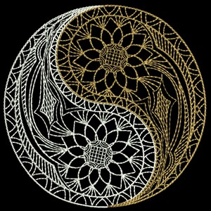 May include: A yin yang symbol with intricate mandala designs in gold and white. The symbol is a circle with two halves, one gold and one white, each with a swirling pattern.