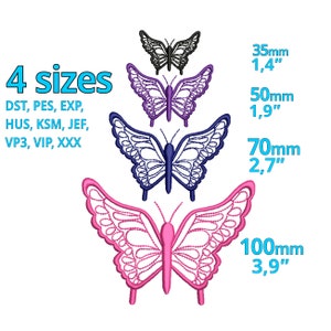 Puede incluir: Cuatro diseños de bordado de mariposa en diferentes tamaños: 3,5 cm, 5 cm, 7 cm y 10 cm. Los diseños de mariposa son en negro, morado, azul y rosa.