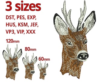 May include: Three embroidery designs of a brown deer head with antlers in three sizes: 120mm, 80mm, and 60mm. The embroidery files are available in the following formats: DST, PES, EXP, HUS, KSM, JEF, VP3, VIP, and XXX.